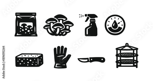 Mushroom cultivation icons: spore bag, sprayer, knife, and more