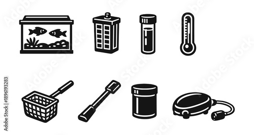 Aquarium supplies collection: thermometer, test kit, fish tank, net, food, filter