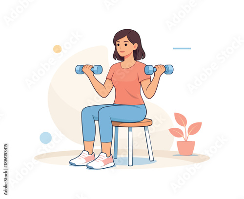 Woman exercising with dumbbells while seated, flat vector illustration