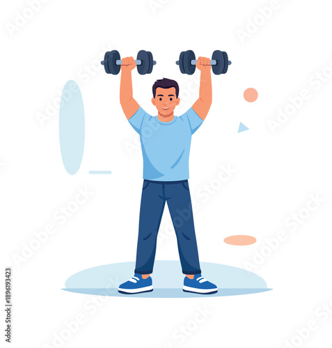 Man lifting dumbbells in gym, fitness activity flat vector illustration