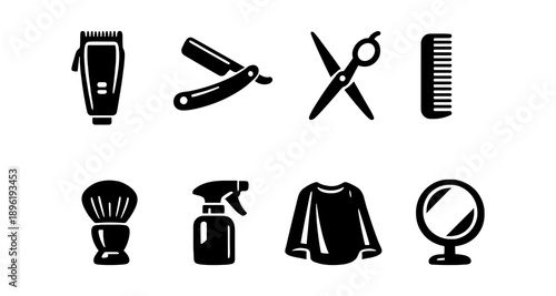 Barber tools icons: clippers, razor, scissors, comb, brush, spray, cape, mirror
