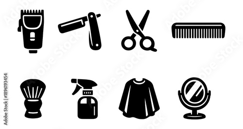 Barber tools icon set: clippers, razor, scissors, comb, brush, spray, cape, mirror