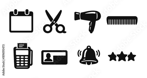 Salon and office icon set: scissors, hairdryer, calendar, comb, star, id, bell, terminal