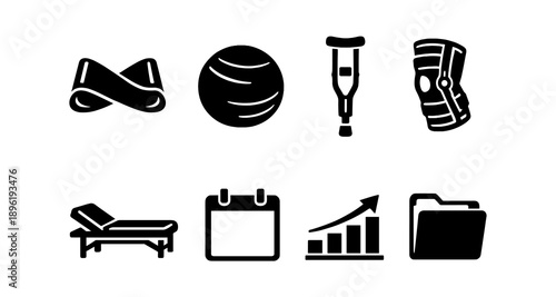 Physical therapy icons: bands, ball, crutch, brace, table, calendar, graph, folder