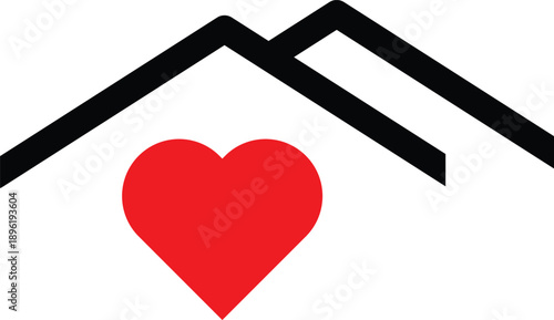 House Icon with Heart for Real Estate and Family. Love Home Living Symbols. Heart inside house roof icon. Property and warmth icons
