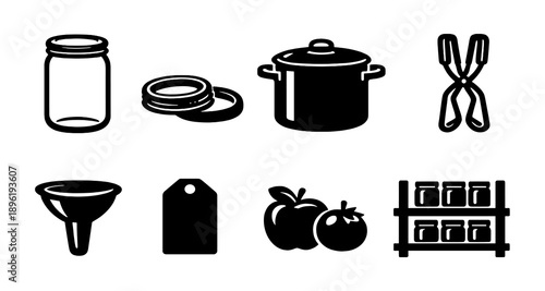Essential canning tools and ingredients: jar, pot, tongs, funnel, tags, fruits, shelf