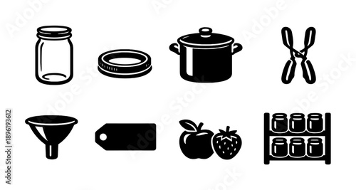 Essential canning tools: jars, lids, pot, tongs, funnel, labels, fruit, storage