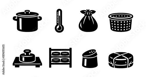 Cheese making process icons: pot, thermometer, milk bag, basket, press, cheese wheels, salt shaker, wrapped cheese