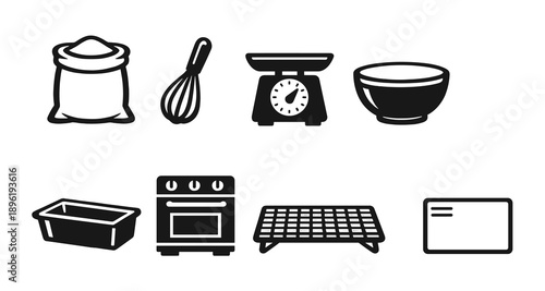 Baking icons: flour, whisk, scale, bowl, oven, rack, pan, board