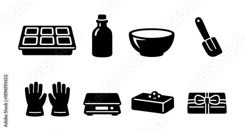 Soap making set: molds, bottle, bowl, spatula, gloves, scale, soap, gift box icons