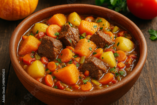 Stewed beef with pumpkin, potatoes and vegetables in clay bowl