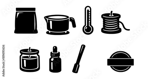 Kitchen and crafting tools: pot, thermometer, spool, candle, dropper, spatula icons