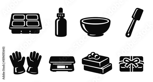 Soap making tools: mold, dropper, bowl, spatula, gloves, scale, loaves, gift box - black icons set
