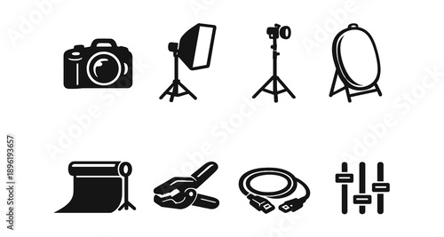 Icon set: camera, lighting equipment, studio gear, tripod, reflector