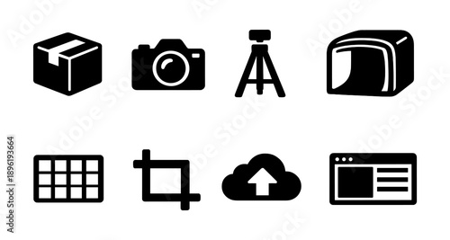 Collection of black icons for camera, parcel, tripod, toaster, and more