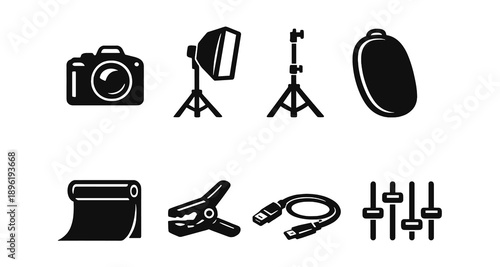 Black silhouette icons of photography equipment set
