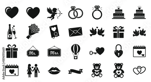 Collection of black and white wedding and love icons