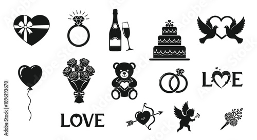 Collection of black and white love icons and symbols