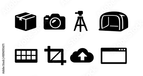 Photography icons set: camera, tripod, lightbox, crop, upload, interface