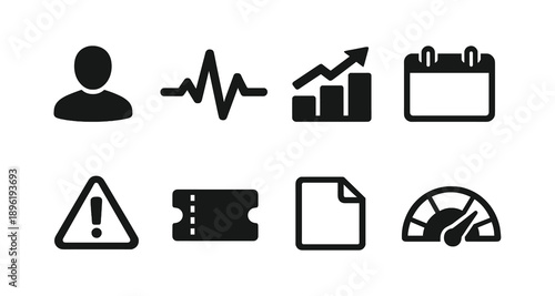 Business icons set: user, heartbeat, growth, calendar, alert, ticket, document, speedometer
