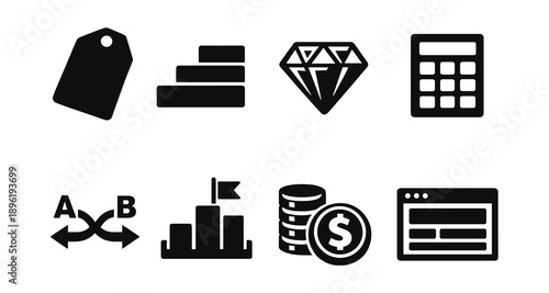 Set of black icon symbols including tag, bars, diamond, calculator, arrows, podium, coins, window