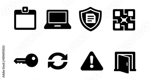 Set of security and technology icons: laptop, shield, key, warning