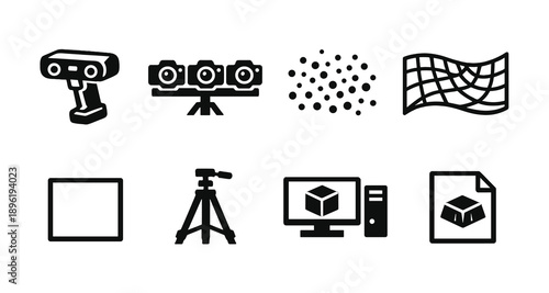 Icons of 3d scanning technology with sensors and computer interface