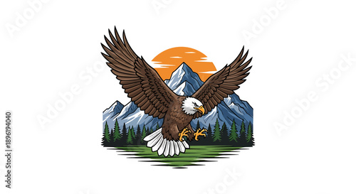 Majestic Eagle Soaring Above Mountains with Pine Trees and a Setting Sun