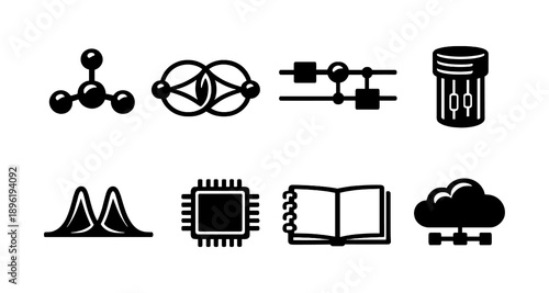 Minimalist icons representing technology, science, and education