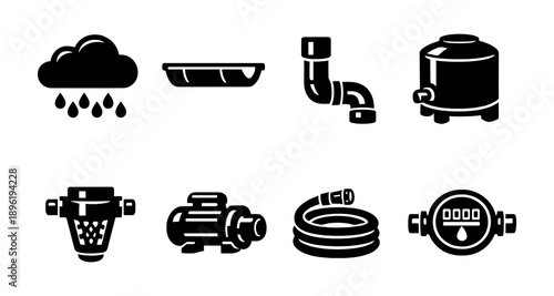 Rainwater harvesting icons: cloud, gutter, pipe, tank, filter, pump, hose, gauge