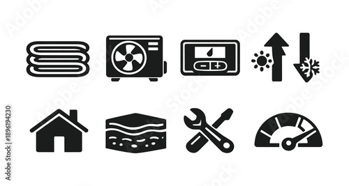 Hvac system icon set: temperature control, maintenance, insulation and efficiency
