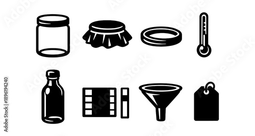 Black and white icons of jars, thermometer, funnel, and more kitchen tools