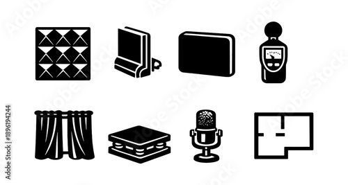 Acoustic treatment icons set: panels, curtains, diffusers, microphone, floor plan symbols