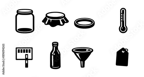 Black and white icons: jar, thermometer, funnel, bottle, and more