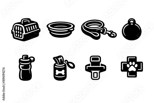 Pet care essentials: carrier, bowl, leash, tag, water bottle, treat jar, seatbelt, first aid kit