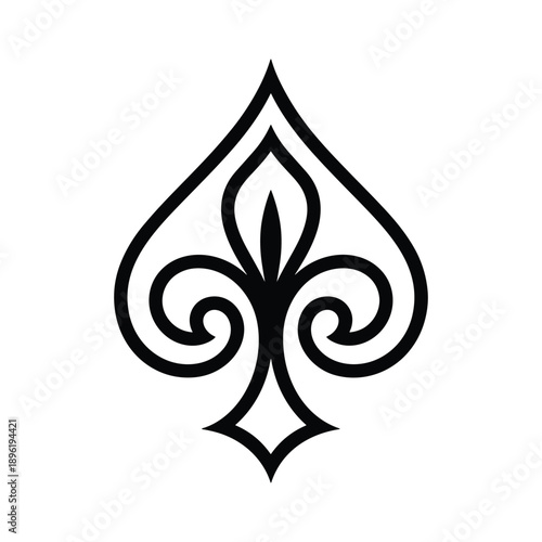 Elegant decorative spade symbol with intricate swirling flourishes and a stylized leaf shape on top isolated on transparent background