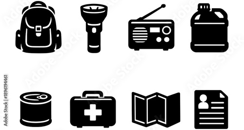 Essential survival kit icons: backpack, flashlight, radio, water jug, canned food, first aid, map, document
