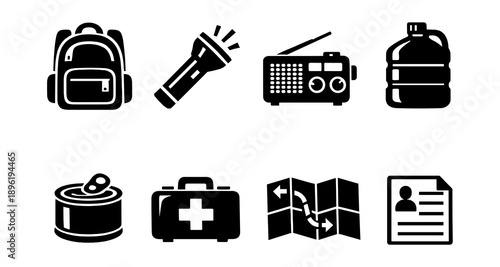 Essential emergency survival kit icons for safety and preparedness
