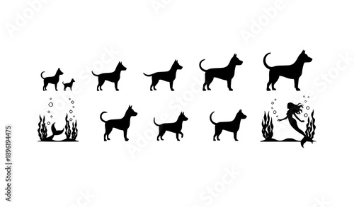 Minimal dog size comparison silhouettes in balanced grid layout for veterinary and animal design use