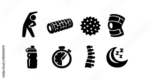 Fitness and recovery icon set featuring equipment and health symbols