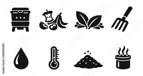 Composting icons: bin, food waste, leaves, garden tools, water, temperature, soil, steam