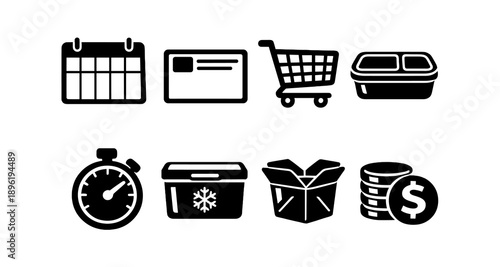 Grocery shopping and storage icons: cart, calendar, containers, timer, coins