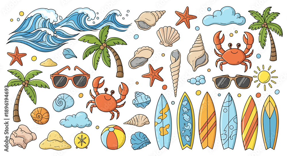 Fototapeta premium Collection of vibrant summer beach vacation icons and illustrations depicting tropical elements like surfboards, palm trees, and ocean waves