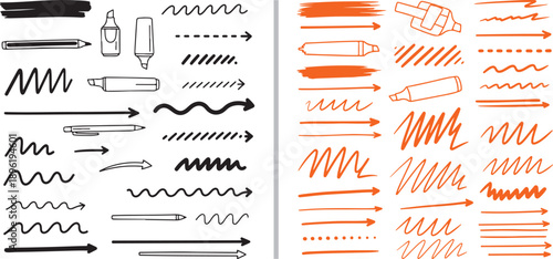A comprehensive set of hand-drawn vector elements featuring various textures, energetic scribbles, and a minimalist star in black line art and vibrant green sketch styles.