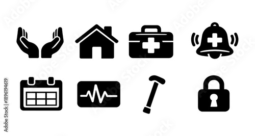 Healthcare and safety icons: hands, house, first aid, bell, calendar, heartbeat, hammer, lock