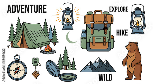 Outdoor Adventure and Hiking Essentials Tent, Backpack, Compass, Lantern, and Wildlife