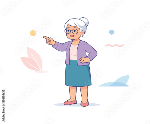 Elderly woman pointing with confidence in pastel colors, flat vector illustration