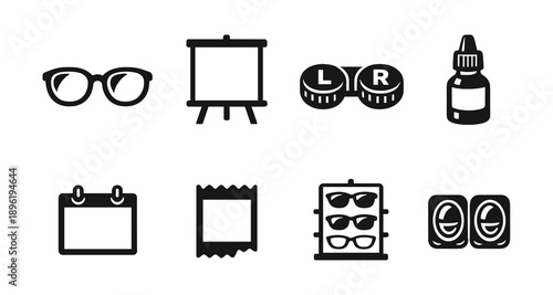 Vision essentials: glasses, lens case, eye drops, calendar, frame, eye chart, lenses