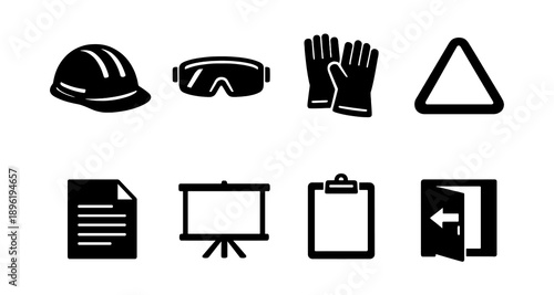 Safety gear and office icons set: helmet, goggles, gloves, triangle, document, screen, clipboard, door