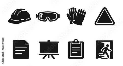 Safety equipment and procedures icons: hard hat, goggles, gloves, signage